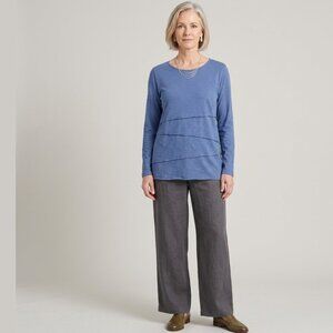 HABITAT Blue Long Sleeve Top Sz L Raw Edge Tiered Lagenlook Quiet Luxury Travel